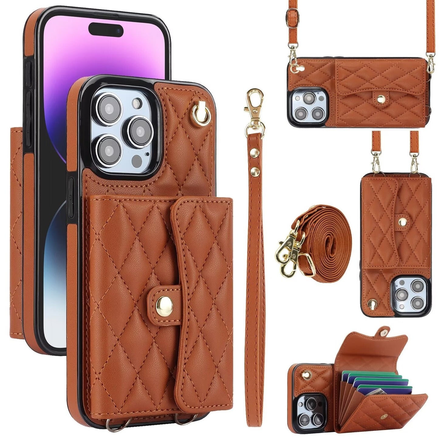 Luxury Quilted Cross - body Strap Wallet Case for iPhone 16 15 14 13 12 11 Pro Max Plus CC - 18 - LeatherWalletCase