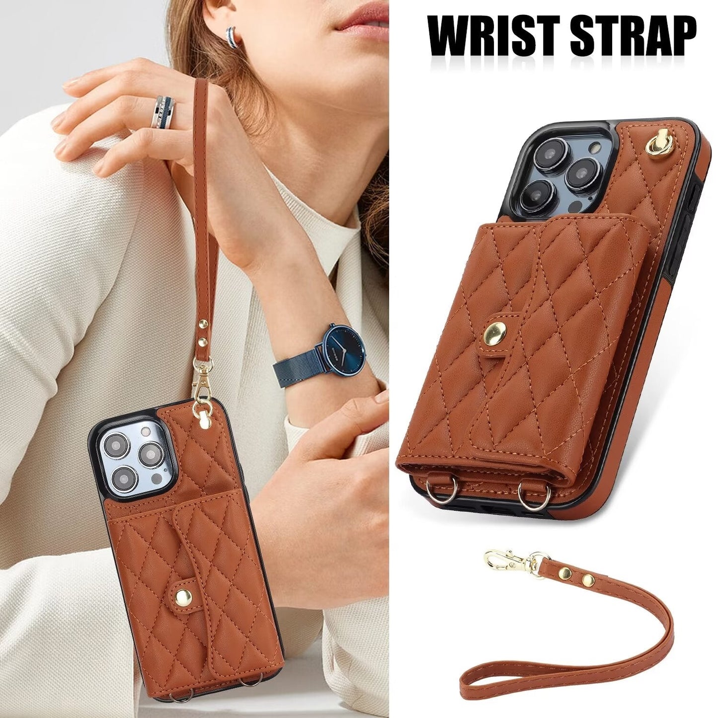 Quilted Leather Crossbody Strap Wallet Case for iPhone 16 15 14 13 12 11 Pro Max Plus CC - 18 - LeatherWalletCase