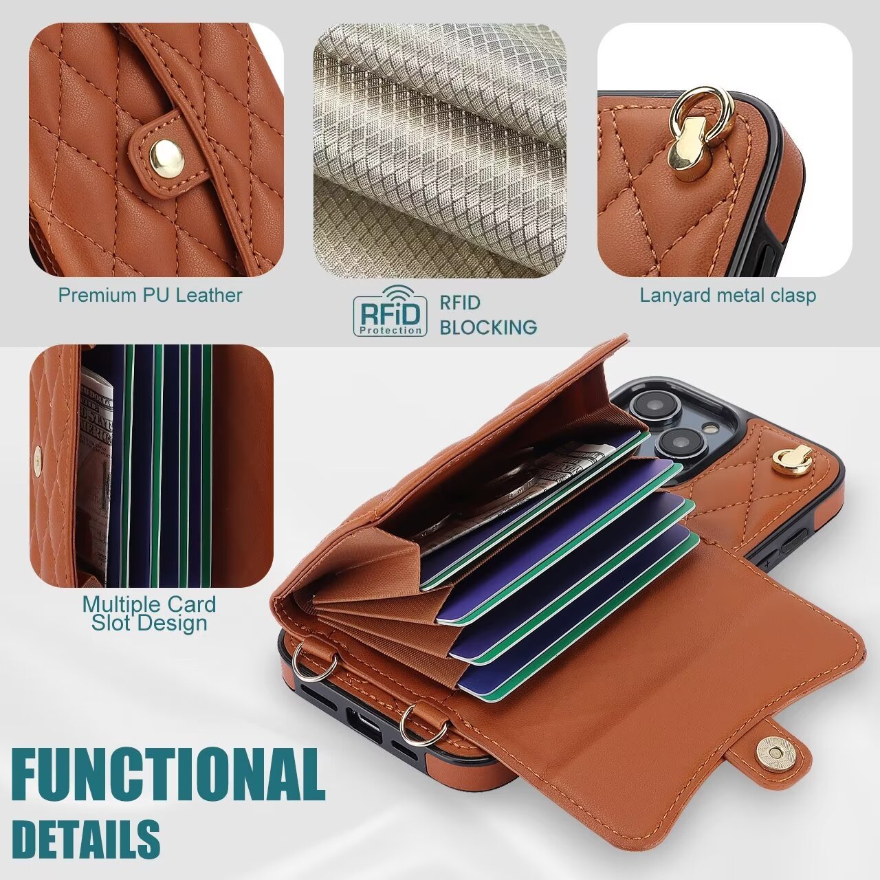 Quilted Leather Crossbody Strap Wallet Case for iPhone 16 15 14 13 12 11 Pro Max Plus CC - 18 - LeatherWalletCase