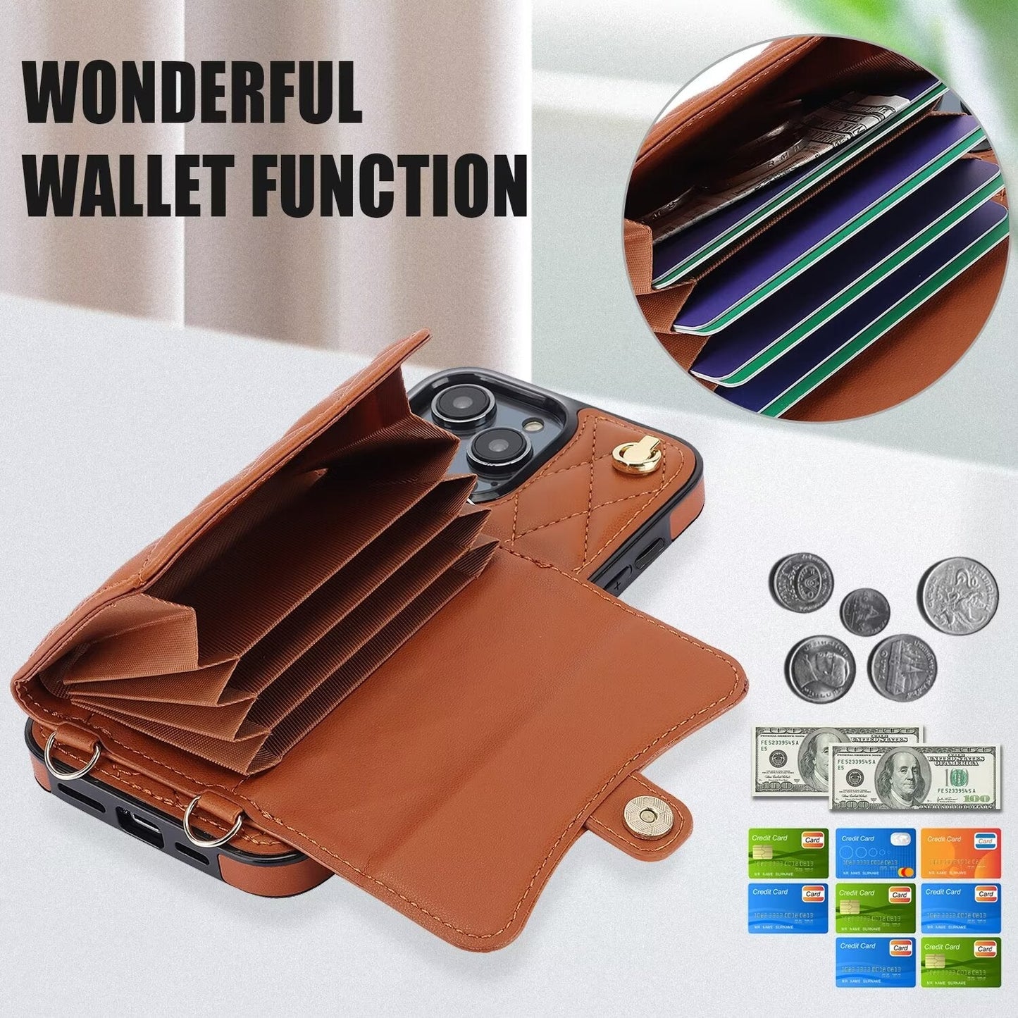 Quilted Leather Crossbody Strap Wallet Case for iPhone 16 15 14 13 12 11 Pro Max Plus CC - 18 - LeatherWalletCase
