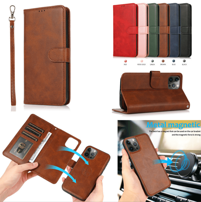 2 in 1 Folio Mag - safe Strap Wallet Case For iPhone 16 15 14 13 12 11 PRO MAX A6 - LeatherWalletCase