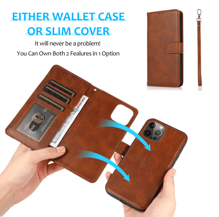 2 in 1 Folio Strap Wallet Case Magnetic For iPhone 16 15 14 13 12 11 PRO MAX A6 - LeatherWalletCase