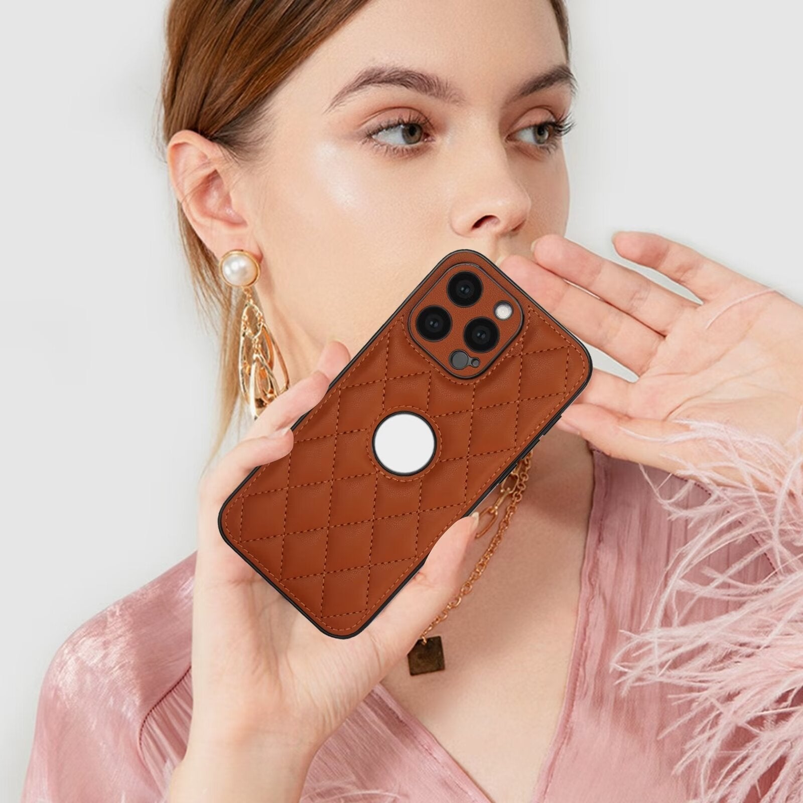 Diamond Shape Quilted Leather Case for iPhone 16 15 14 13 12 11 Pro Max Plus CC - 3 - LeatherWalletCase