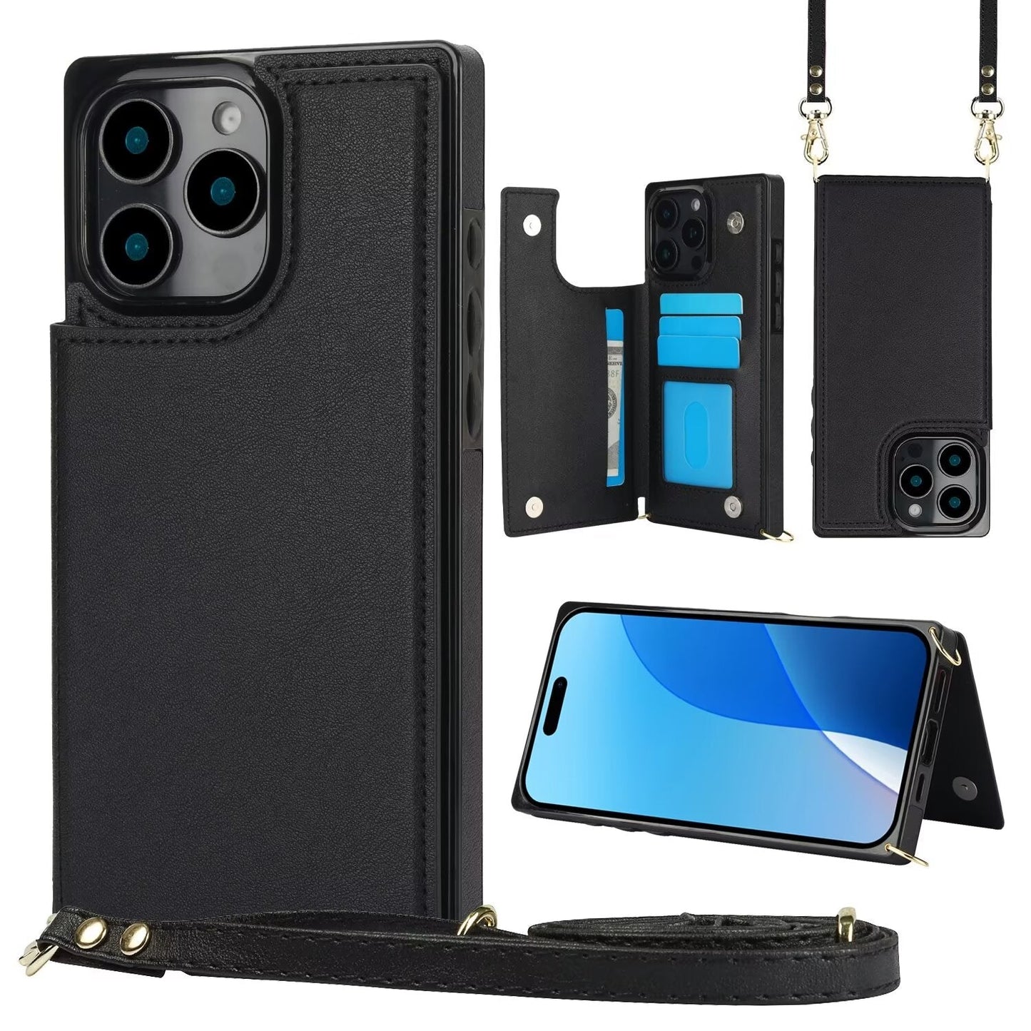 RFID Block Magnet Card Slot Strap Case For iPhone 16 15 14 13 12 11 PRO MAX C22 - LeatherWalletCase