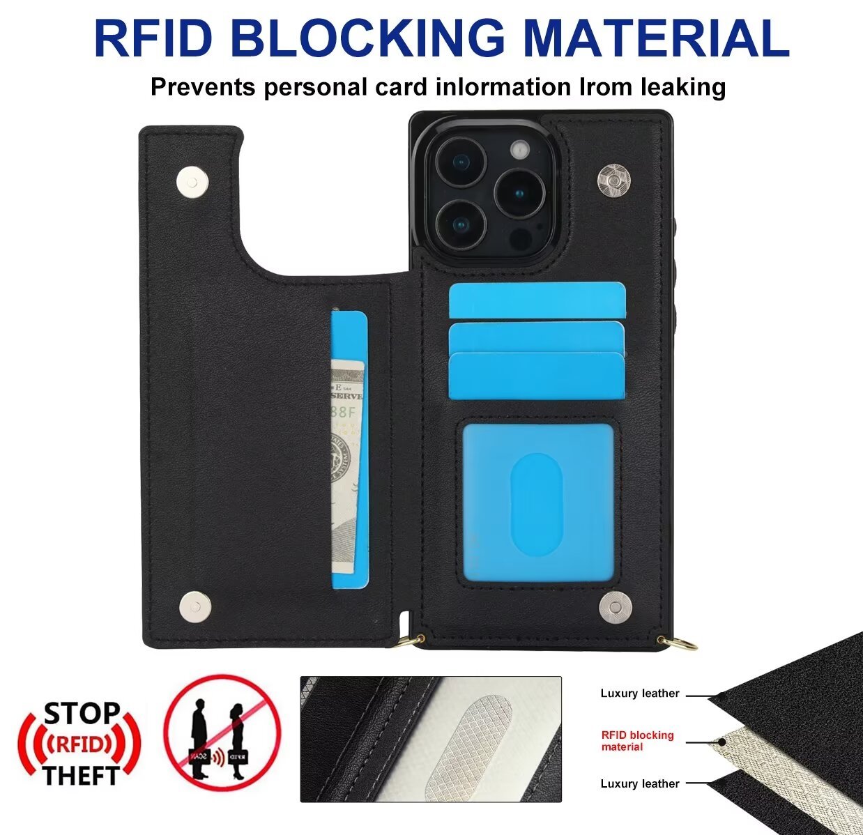 RFID Block Magnet Card Slot Strap Case For iPhone 16 15 14 13 12 11 PRO MAX C22 - LeatherWalletCase