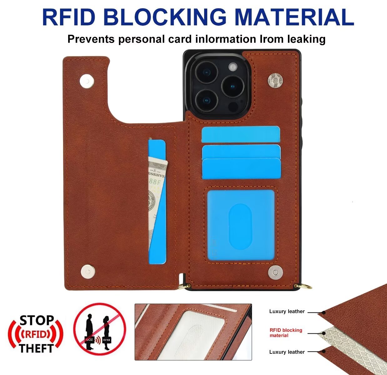 RFID Block Magnet Card Slot Strap Case For iPhone 16 15 14 13 12 11 PRO MAX C23 - LeatherWalletCase