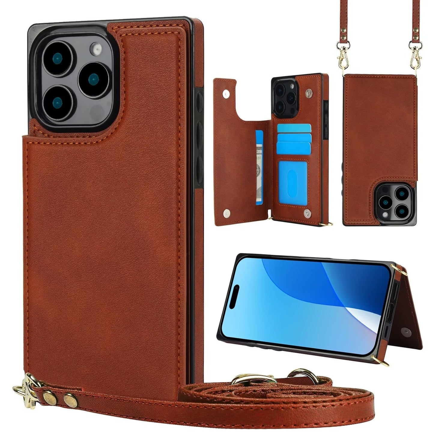 RFID Block Magnet Card Slot Strap Case For iPhone 16 15 14 13 12 11 PRO MAX C23 - LeatherWalletCase