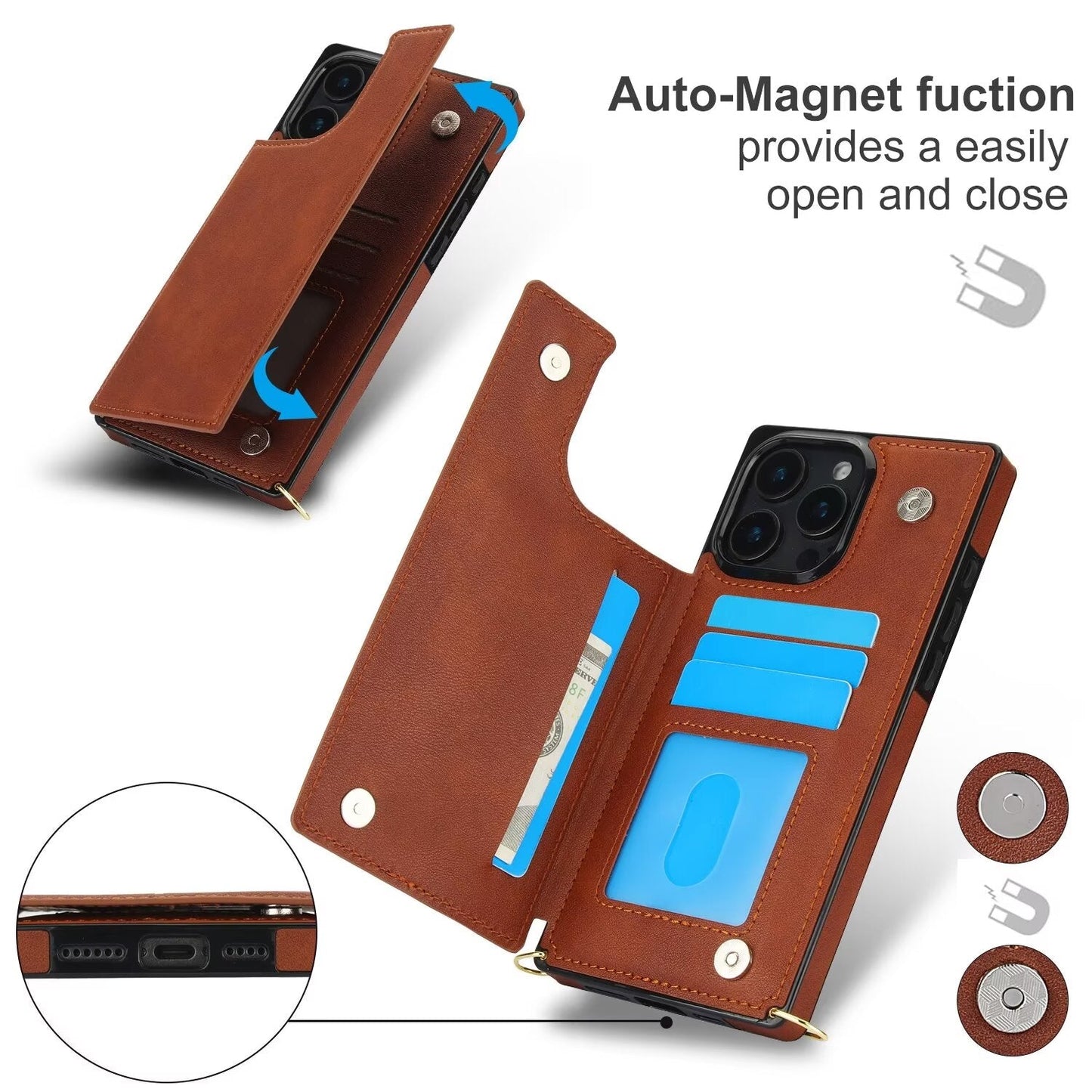 RFID Block Magnet Card Slot Strap Case For iPhone 16 15 14 13 12 11 PRO MAX C23 - LeatherWalletCase